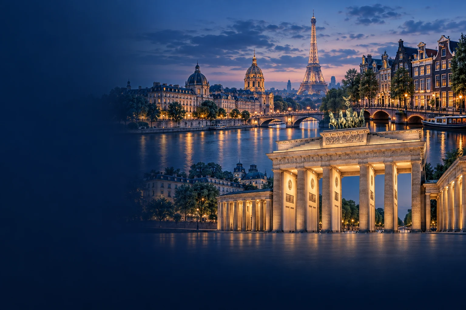 Illustrative montage of Berlin, Paris and Amsterdam landmarks