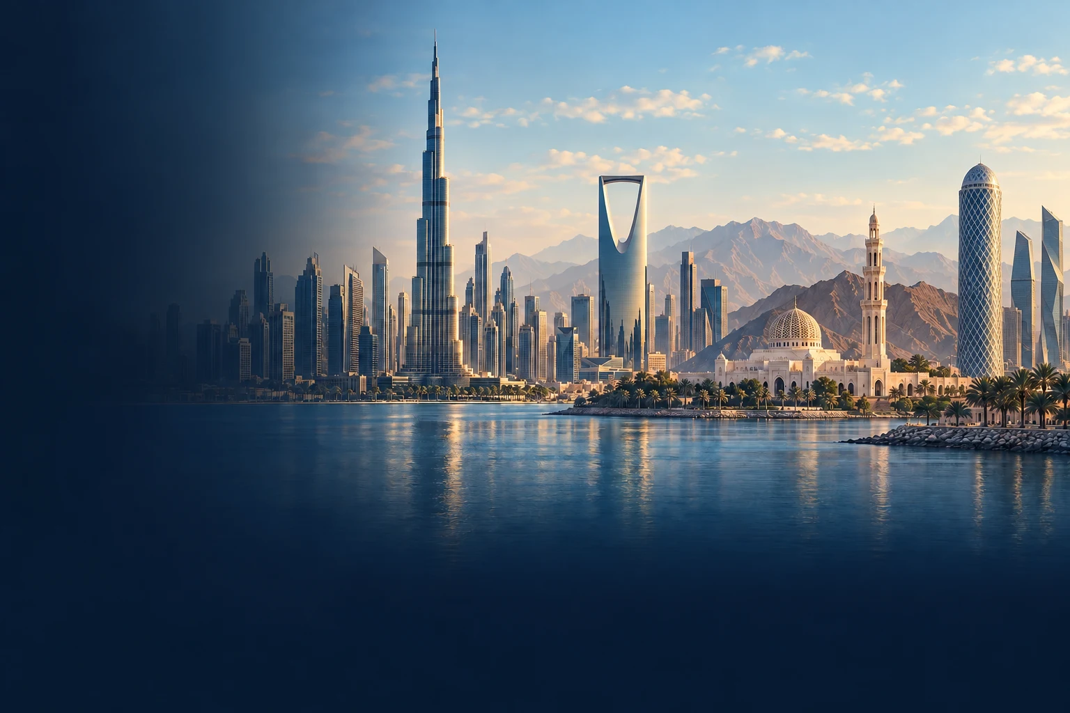 Illustrative montage of Dubai, Riyadh, Muscat and Doha landmarks